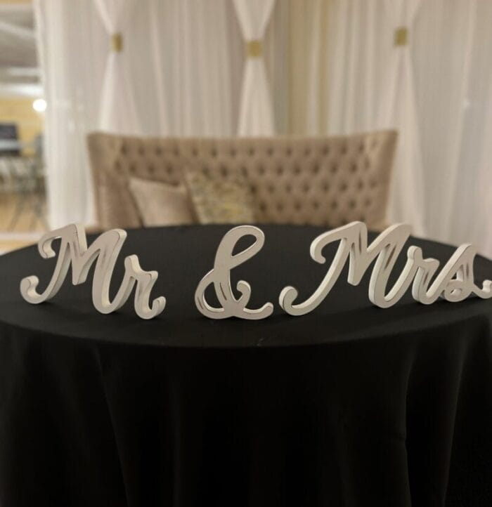 White Cursive Mr & Mrs - Falls Manor Catering